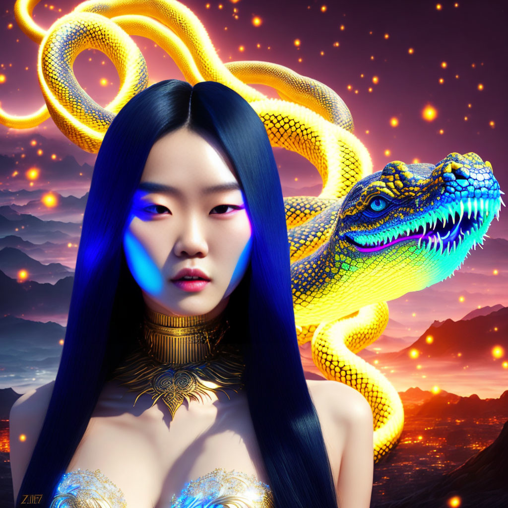 Digital artwork: Woman with blue-black hair, golden serpent, mountains, starry sky