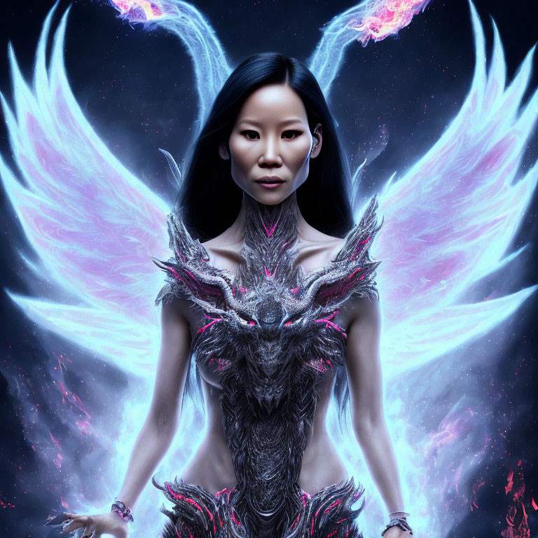 Digital artwork: Asian woman with ethereal wings in dark fantasy armor against cosmic backdrop