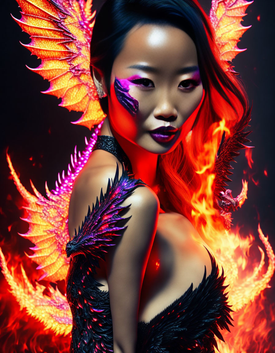 Fierce Figure with Dragon Wings Against Dark Backdrop