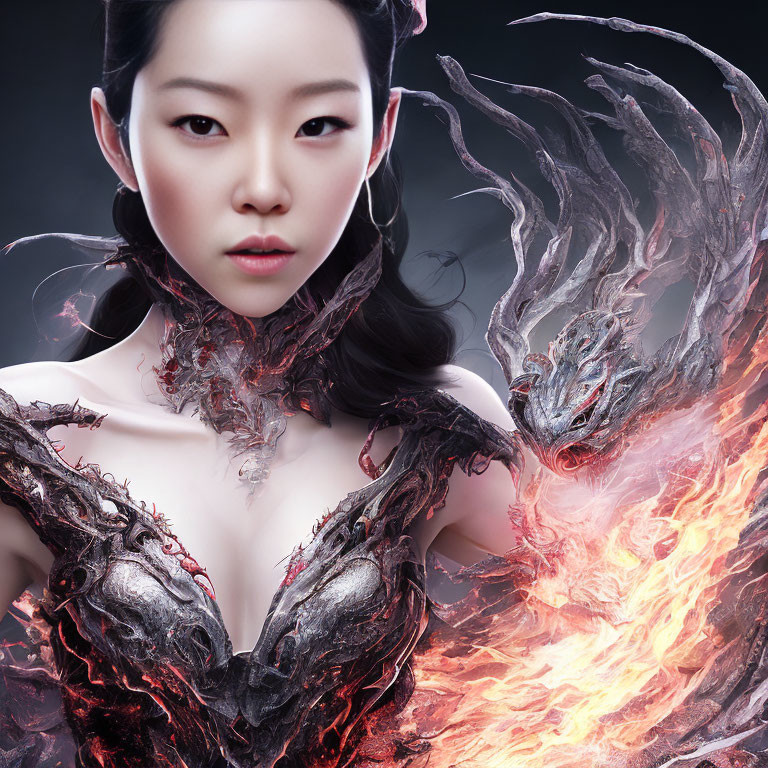 Striking woman in dragon-inspired armor portrait with fantasy elements