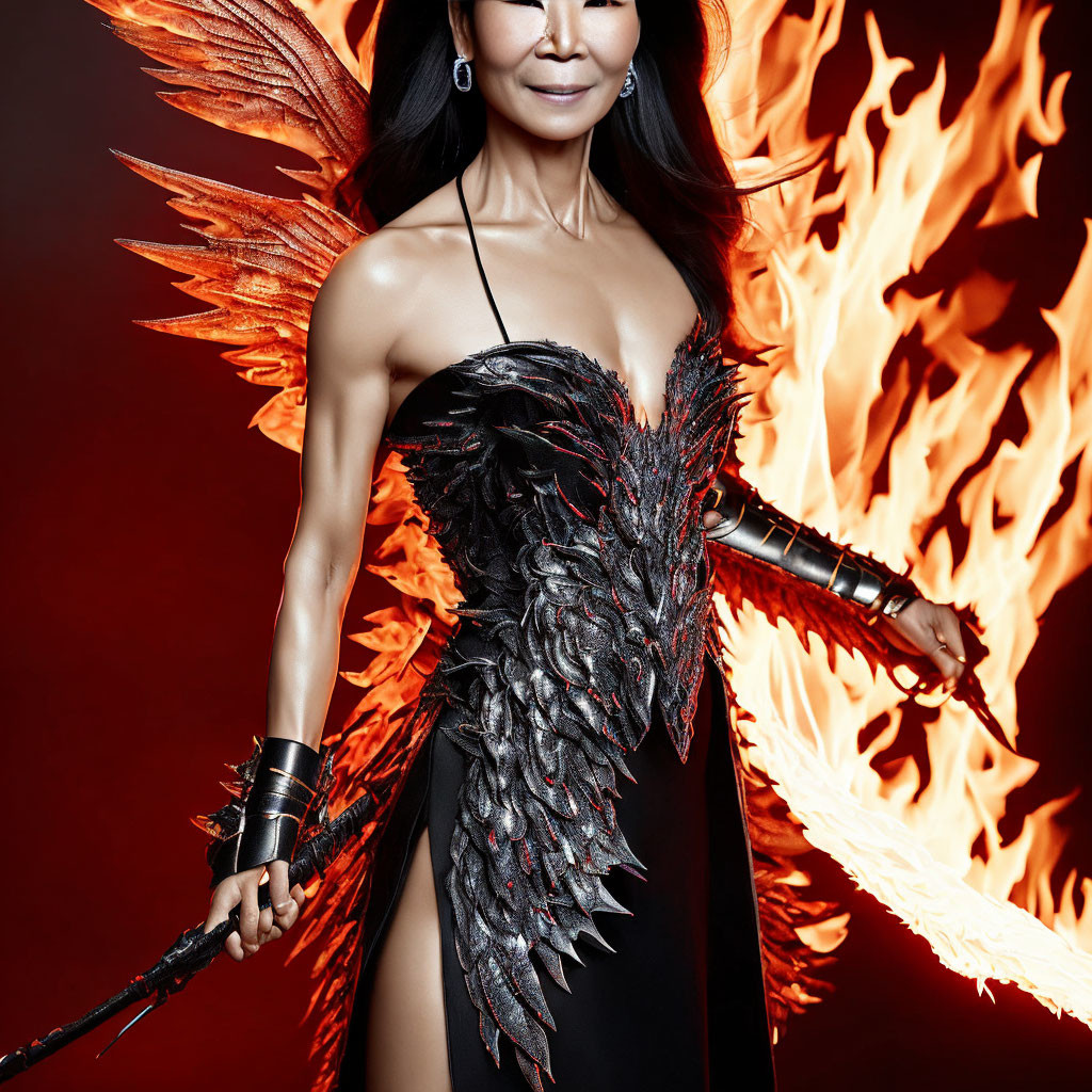 Woman in dark feathered costume with wing-like structures against fiery backdrop