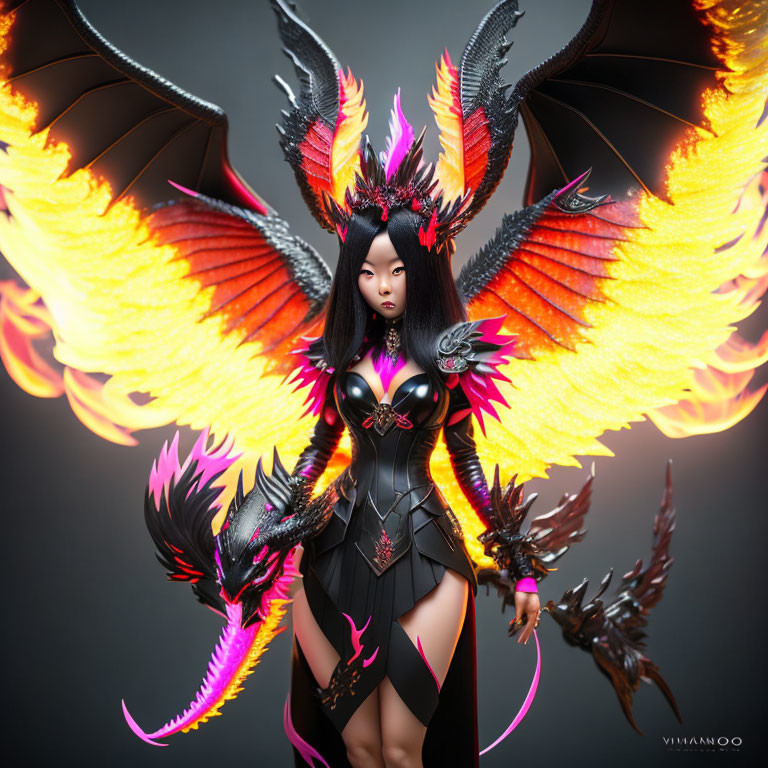 Digital Artwork: Female Character with Orange Fiery Wings and Dragon Theme