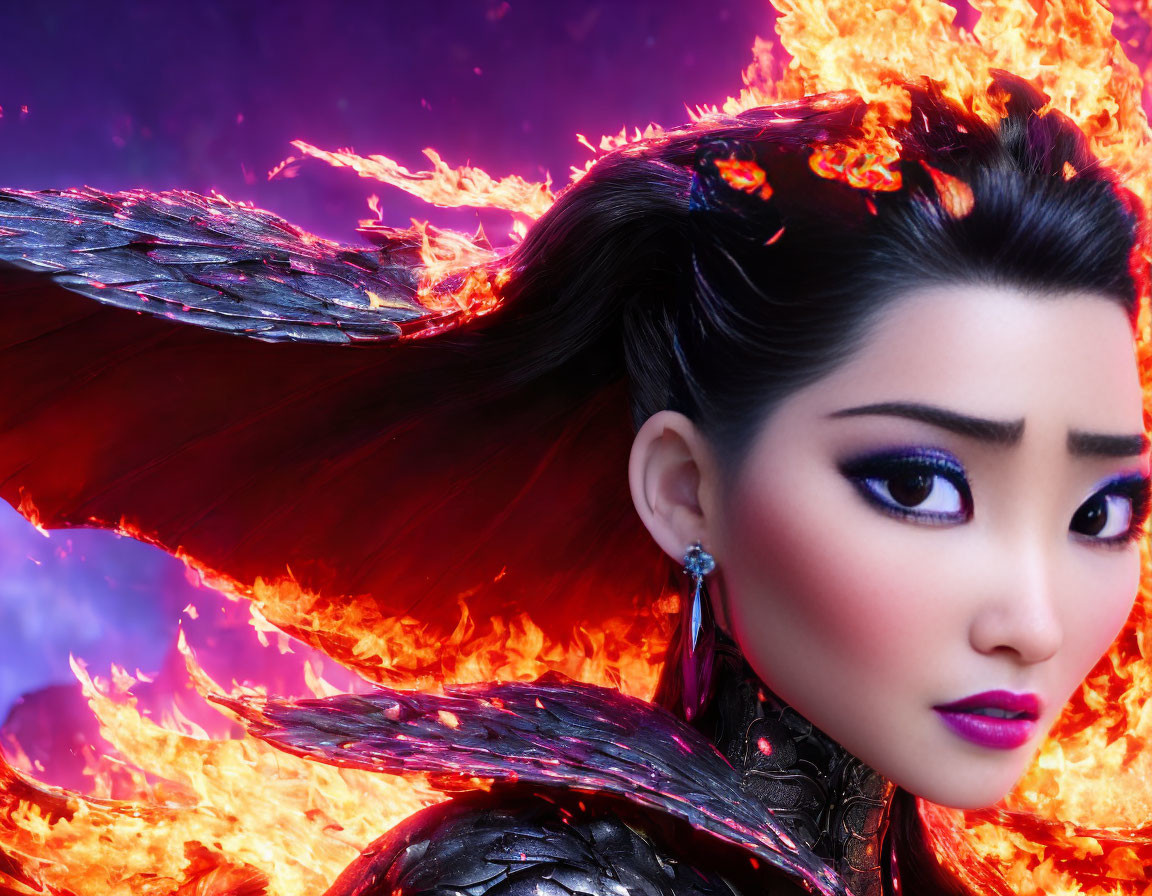 Woman in dark armor with striking makeup and flaming wings on purple background