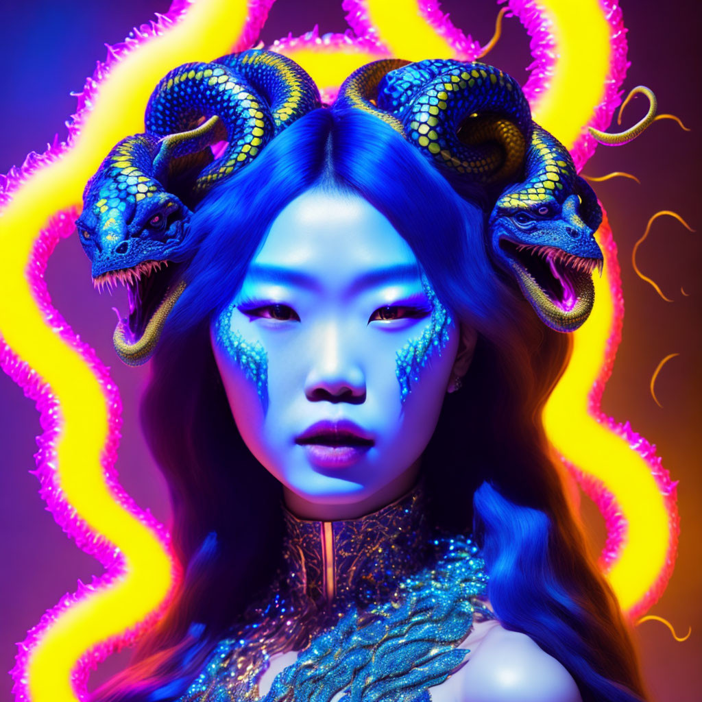 Blue-skinned woman with neon serpents and captivating gaze