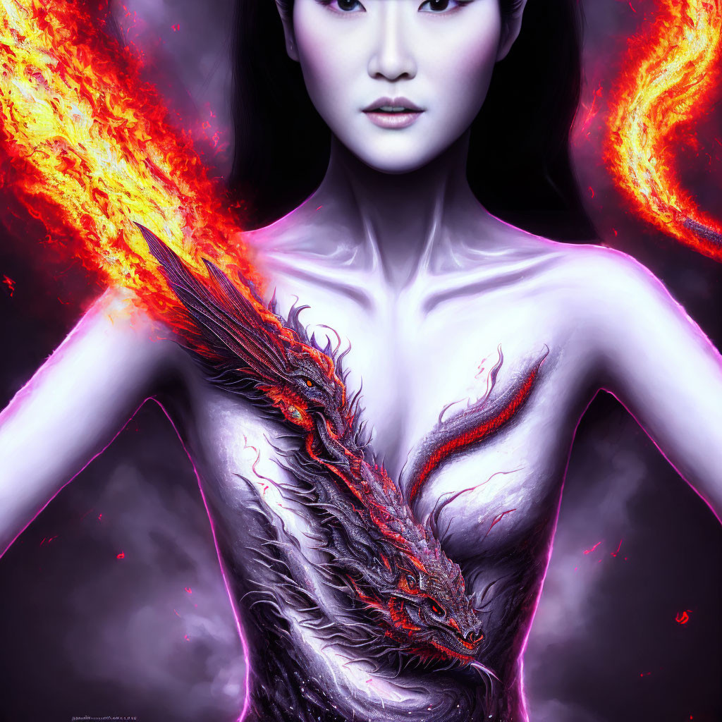 Dark-haired woman with pale skin and fiery dragon figure in mystical flames