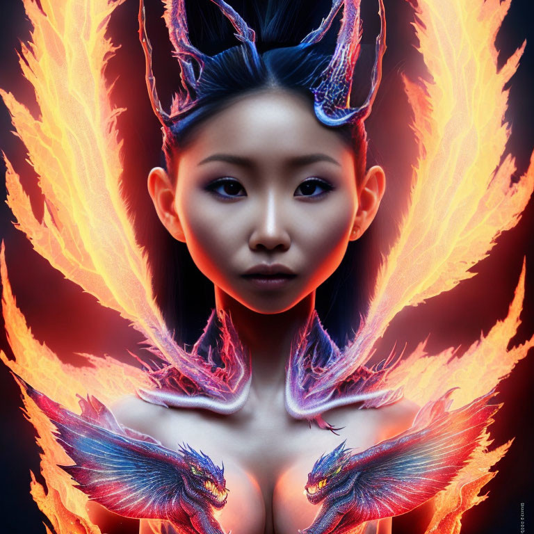 Woman with Blue Hair and Striking Makeup Surrounded by Fiery Winged Creatures