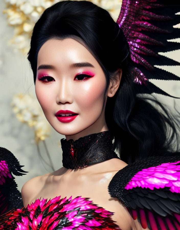 Portrait of Woman with Bold Pink Eyeshadow and Red Lips in Feathered Garment