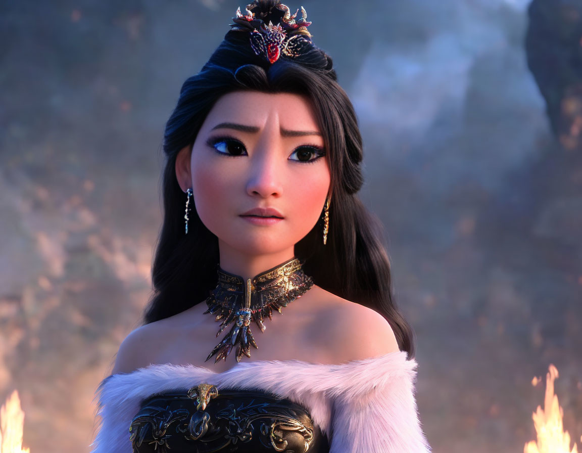 Dark-haired animated character in jeweled headdress and elegant attire against blurred natural backdrop