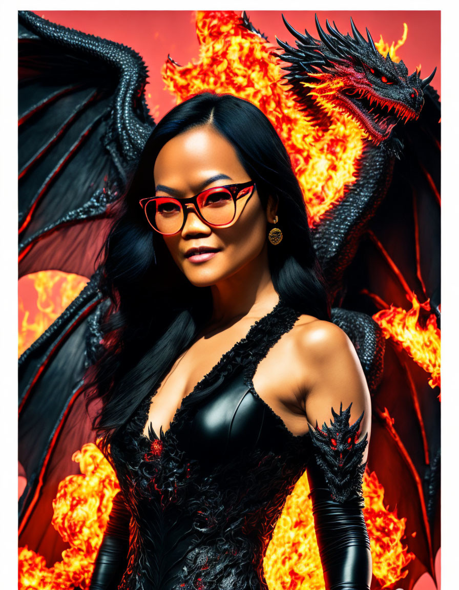 Fierce Woman in Black Outfit with Dragon and Flames