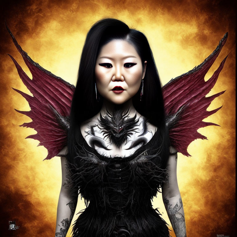 Dark-haired woman with feathered wings, dragon tattoo, and black outfit on golden background