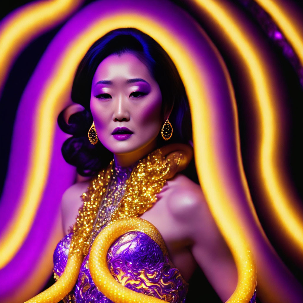 Woman with subtle makeup and earrings in vibrant purple and yellow neon light trails