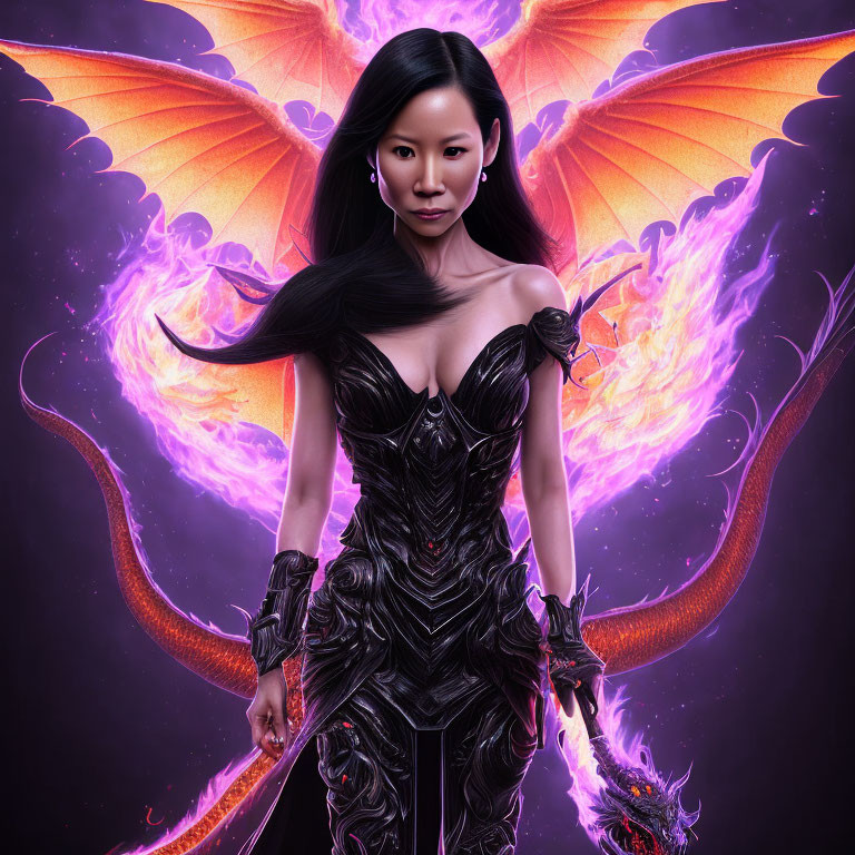 Fantasy artwork: Woman with dragon wings and armor, small dragon, purple flame backdrop