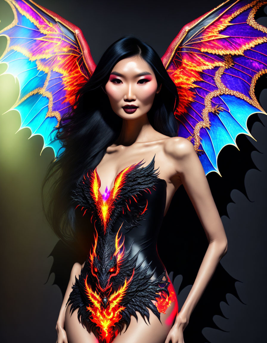 Striking figure in black bodysuit with vibrant wings