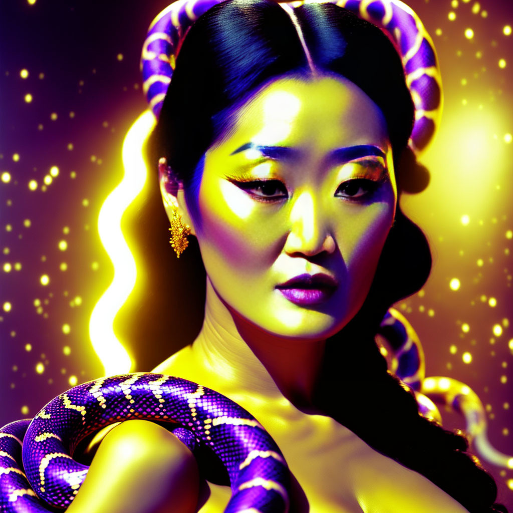 Dramatic makeup portrait with snake on yellow and purple background