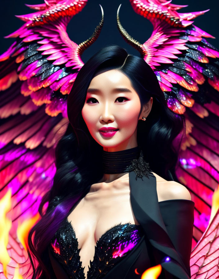 Dark-haired woman with fiery phoenix wings and horn-like accessories in black outfit