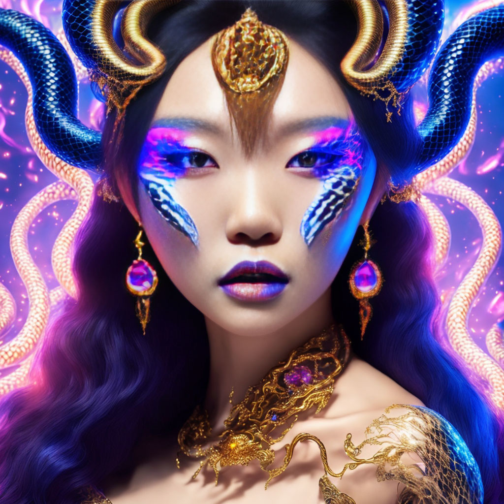 Woman with Striking Makeup and Fantasy Jewelry Surrounded by Glowing Purple Horns