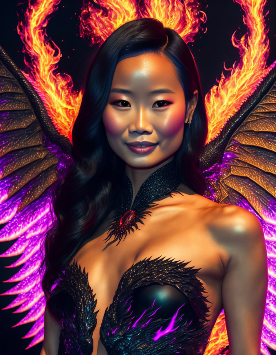 Figure in Dragon-Designed Bodysuit with Fiery Wings