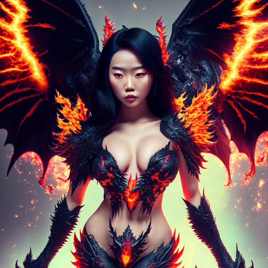 Fantasy-themed digital artwork of woman with black wings and fire motifs