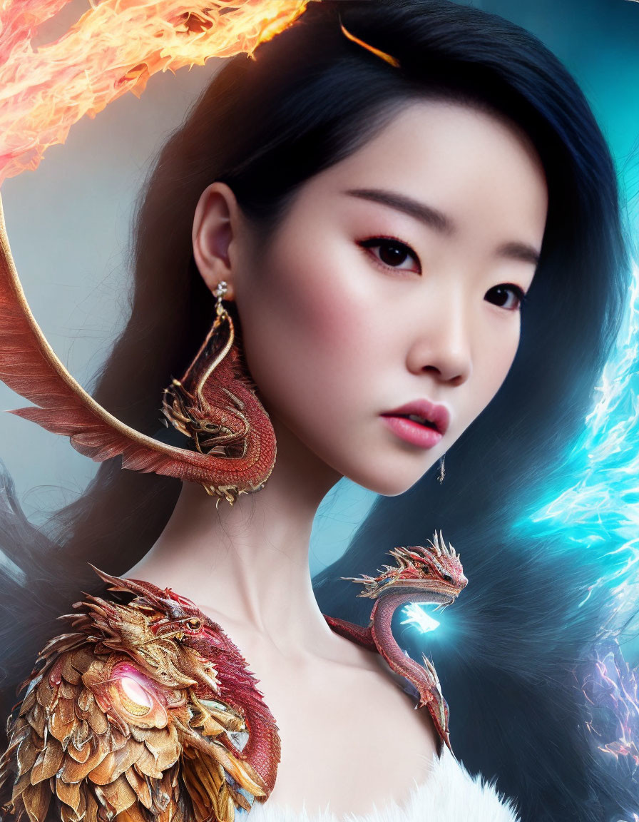 Serene woman with fiery and icy dragon-like creatures