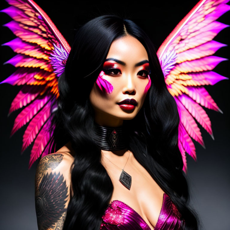 Woman with pink butterfly wings and striking makeup in metallic outfit pose against dark background