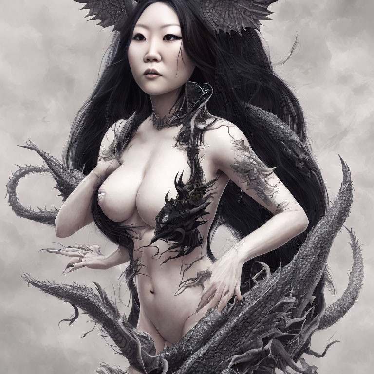 Monochrome fantasy art of woman with dark wings and dragon tattoos