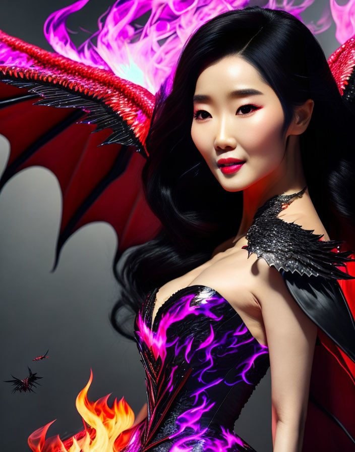 Dark-haired woman in fantasy costume with dragon wings and purple accents