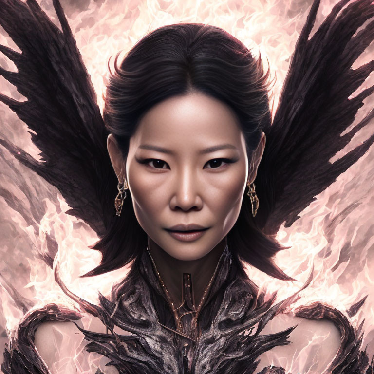 Fantasy-themed artwork of a woman with dark feathered wings and intense gaze