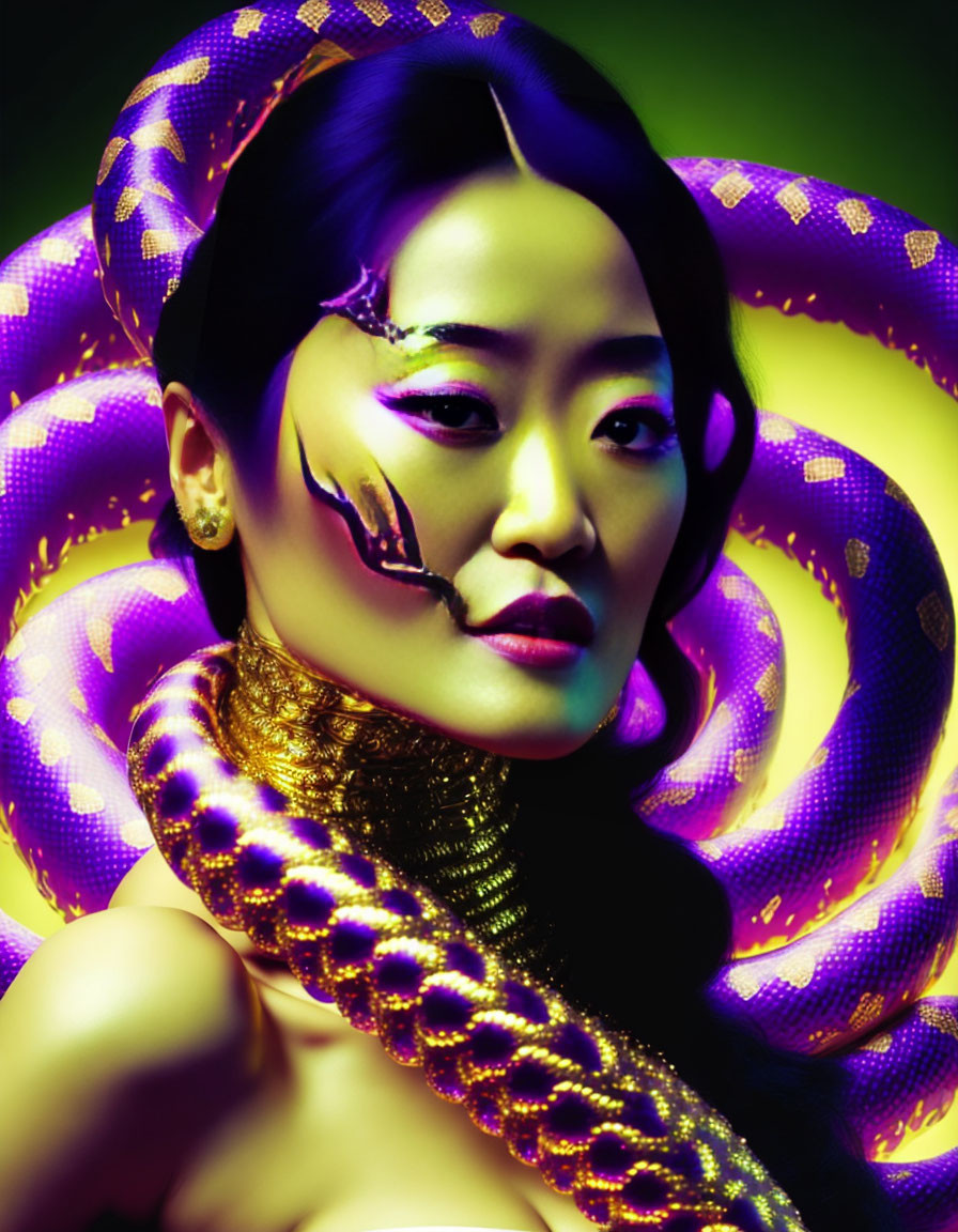 Portrait of woman with striking makeup entwined by colorful, glowing snake