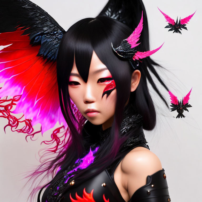 Fantasy character with red and black wings, fantasy makeup, and armored costume.