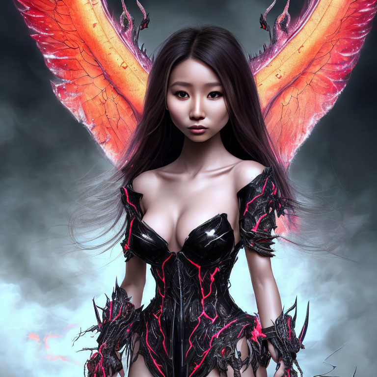 Digital Artwork: Woman with Dark Hair, Orange Wings, and Fantasy Armor