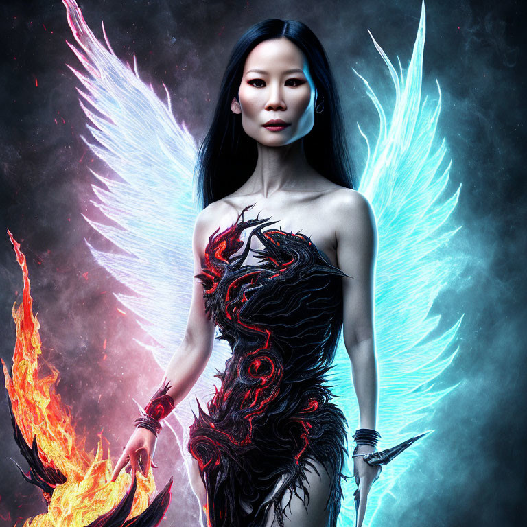 Mystical woman with fire and ice wings in dark dress with red patterns