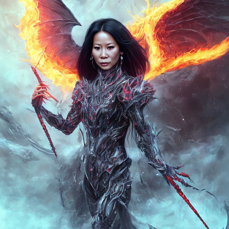 Majestic woman with fiery wings and dark armor.