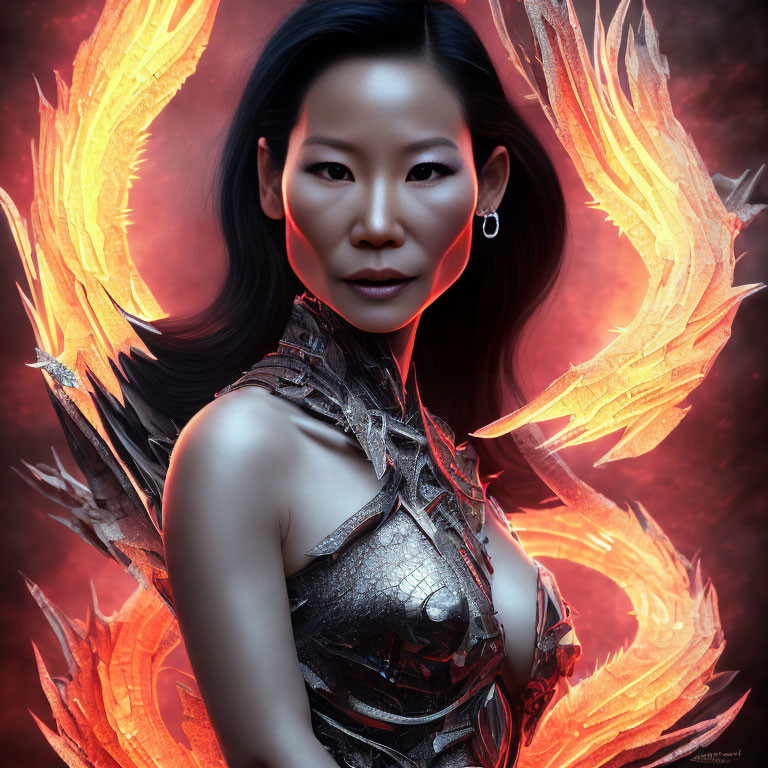 Intense gaze woman in metallic armor with fiery phoenix wings in red-tinted atmosphere