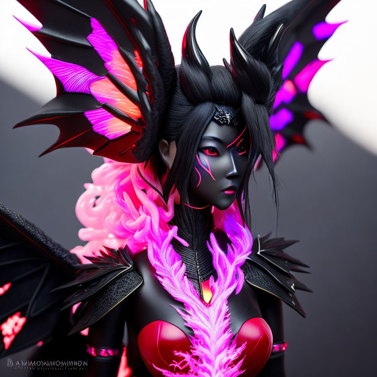 Colorful figurine with black and magenta wings and dark armor on gray background