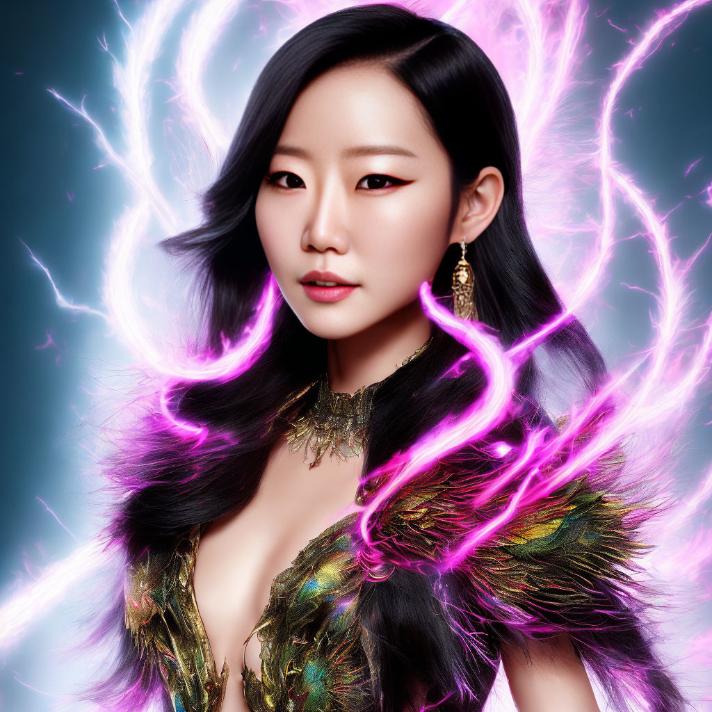 Woman with long black hair in green and gold feathered outfit with purple lightning effects.