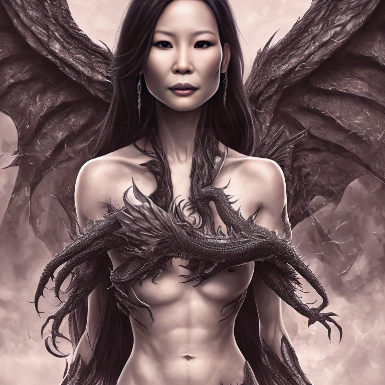 Mystical woman with dragon-like wings and scales in monochromatic setting