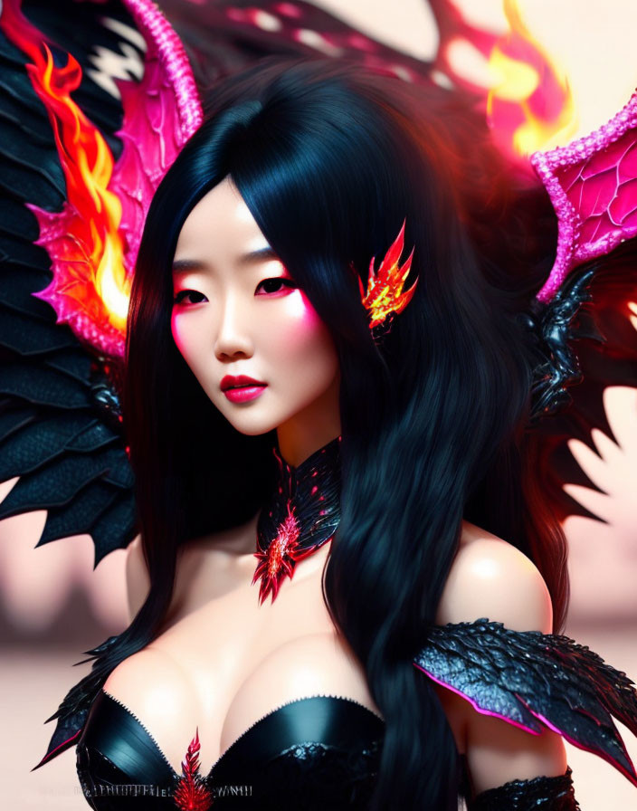 Portrait of Woman with Black Hair and Fiery Wings