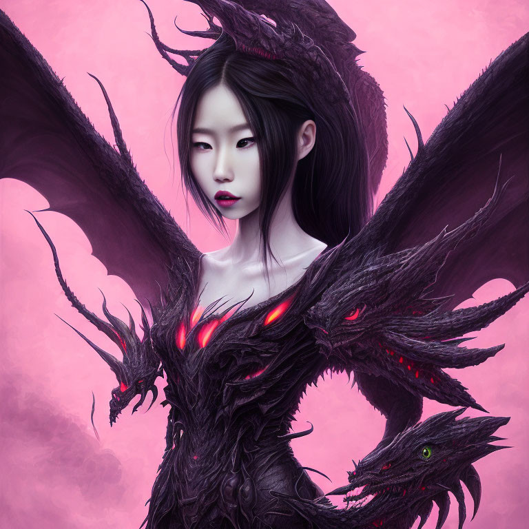 Woman merged with black dragon with glowing eyes on pink background