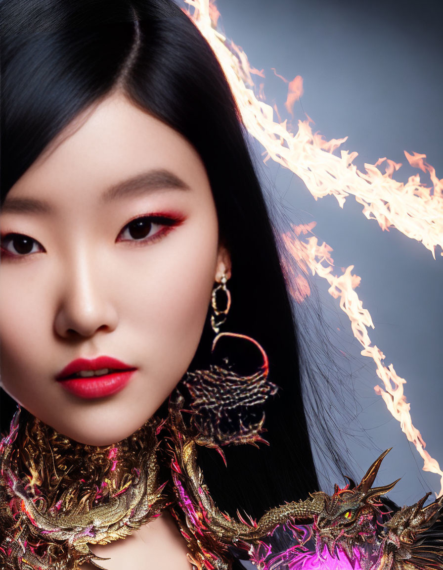 Asian woman with vibrant makeup and fiery graphic effects in dragon motif attire