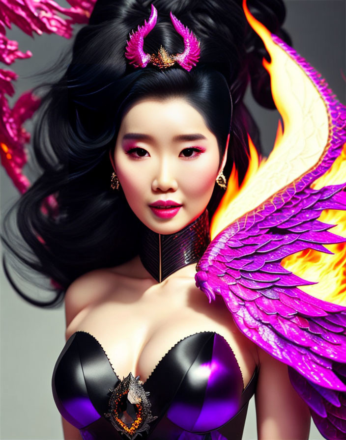 Fantasy-inspired digital artwork of a woman with black hair and colorful wings