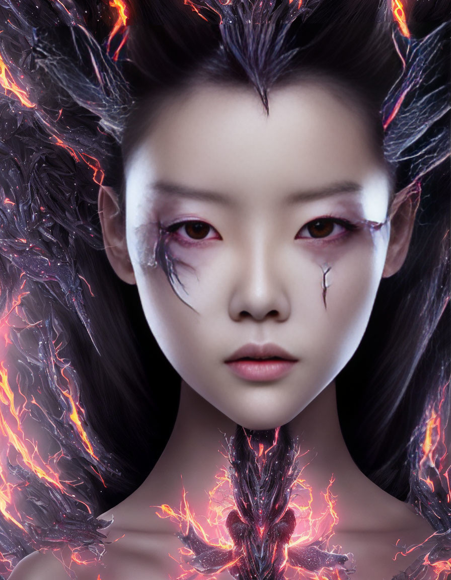 Surreal portrait of a woman with glowing red eyes and fiery cracks