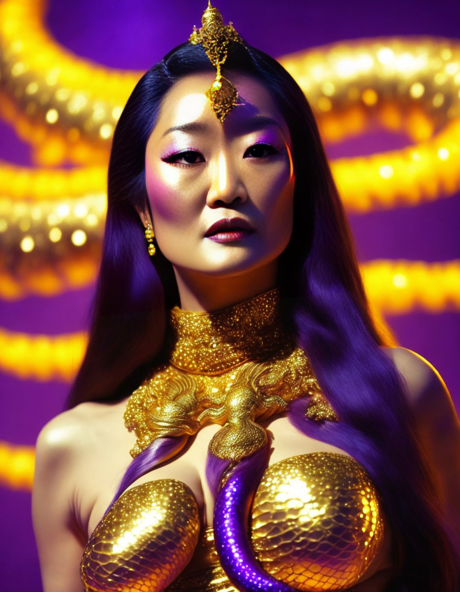 Woman adorned in golden jewelry and makeup on purple background with yellow patterns.