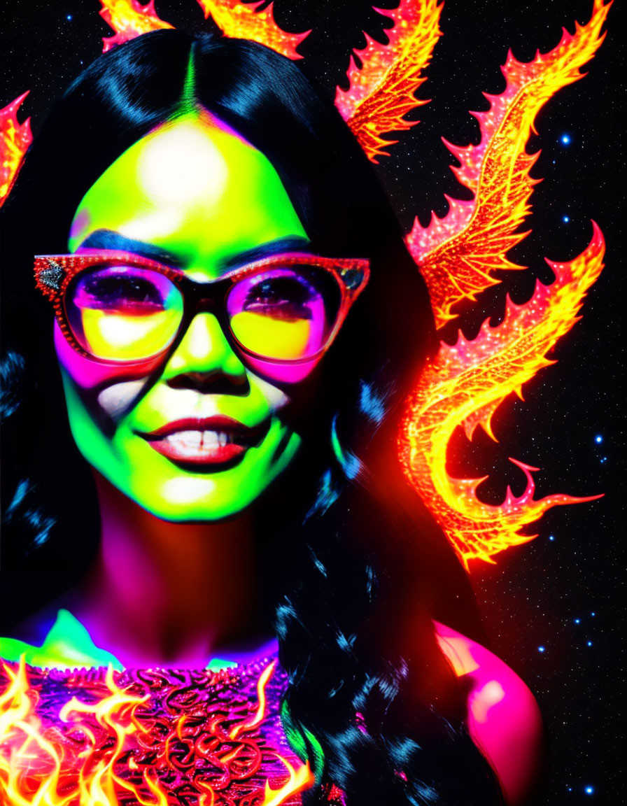 Vibrant Neon Portrait of a Woman with Abstract Background