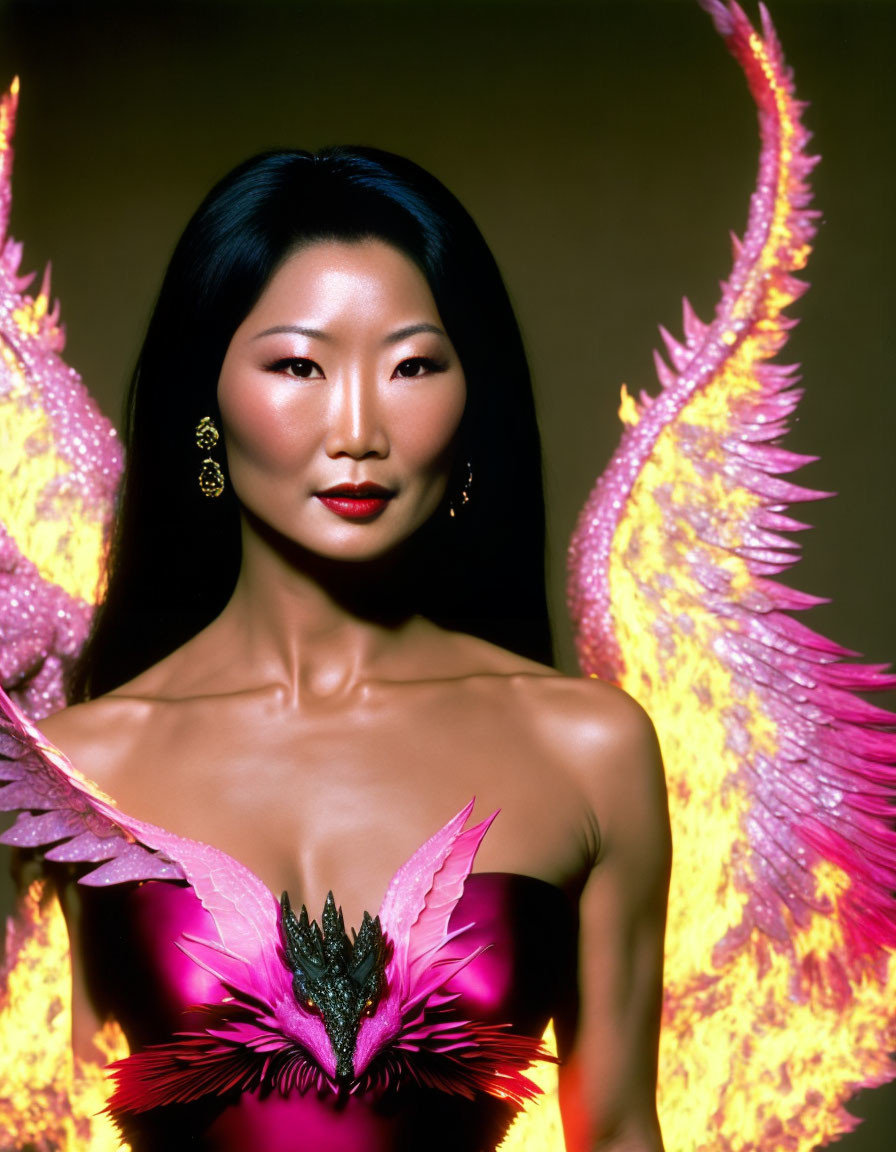 Serene woman in pink feathery outfit with flame-like wings