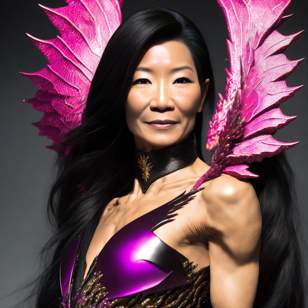 Smiling woman in metallic pink bodice with leaf-like wings