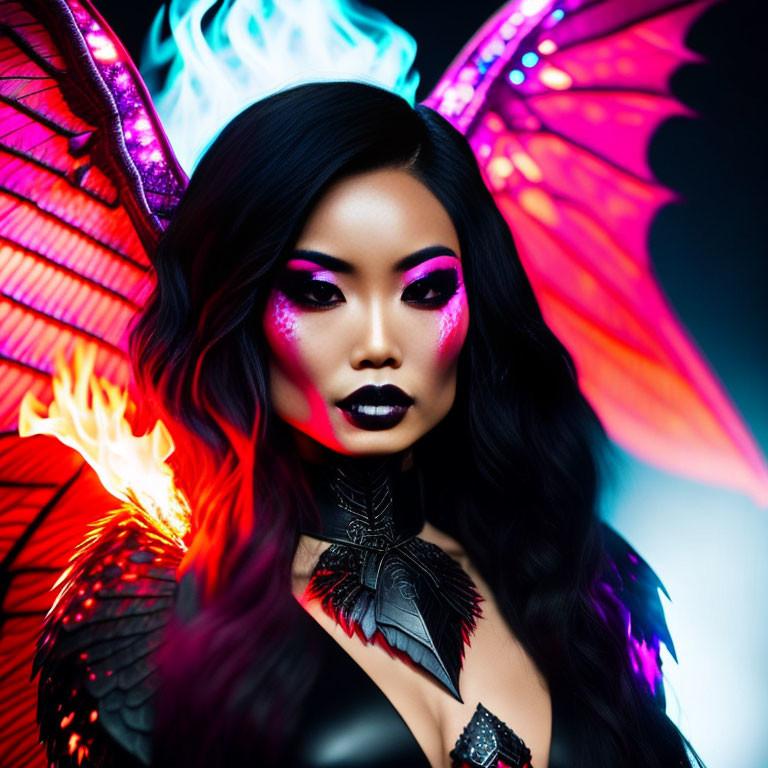 Vibrant butterfly wings and striking makeup on a mystical woman