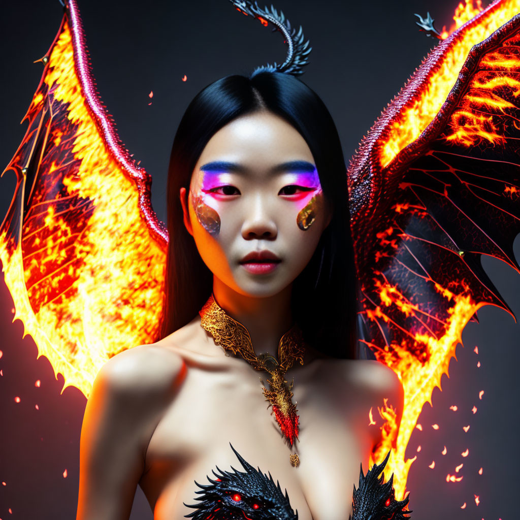 Woman with fiery wings and makeup in powerful mythical creature vibe