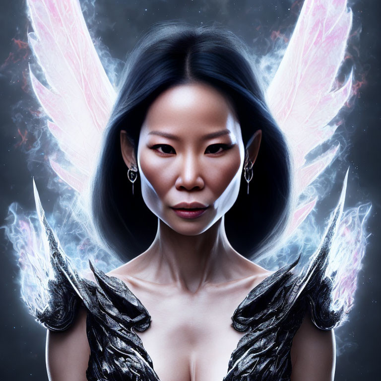 Digital artwork of woman with Asian features, pink wings, dark armor, and white face markings on star