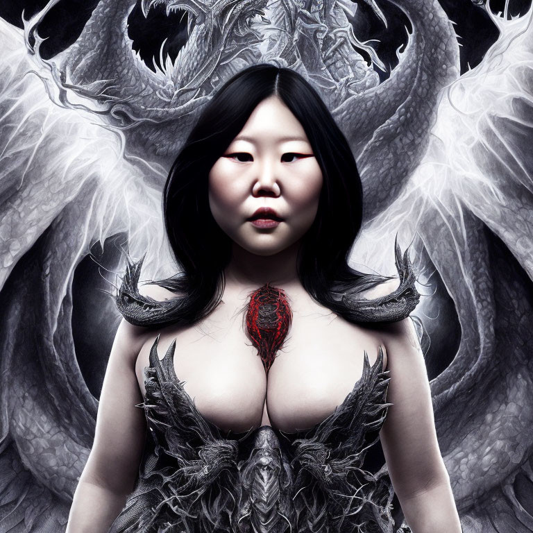 Black-Haired Woman in Dark Top with Silver Dragon Background