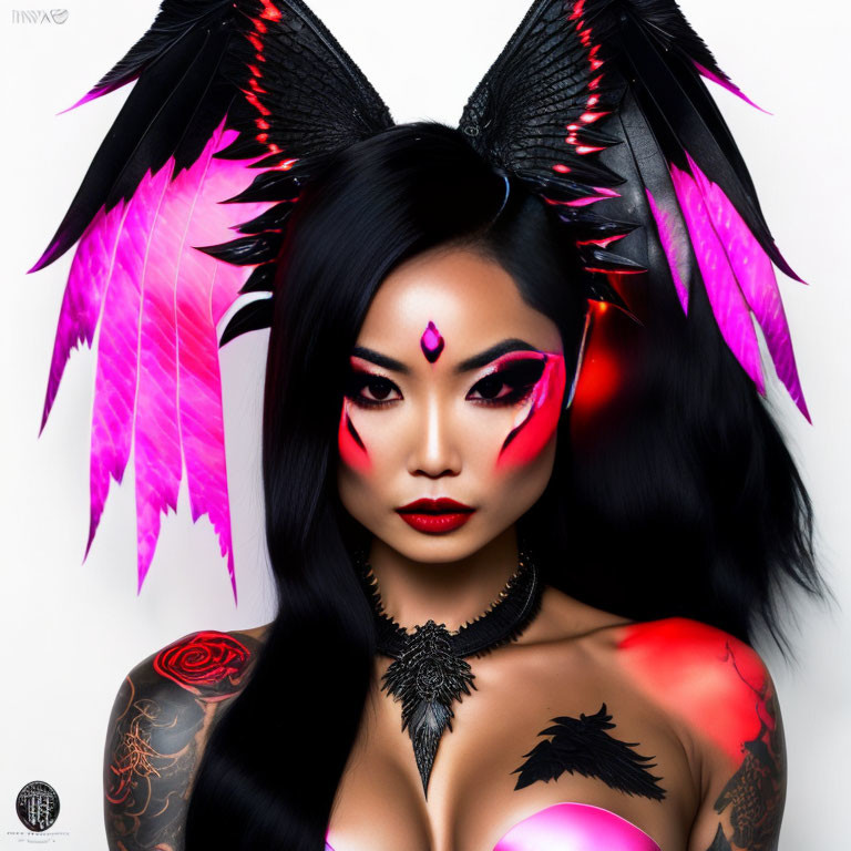 Woman with dramatic makeup and wing accessories in fantasy style